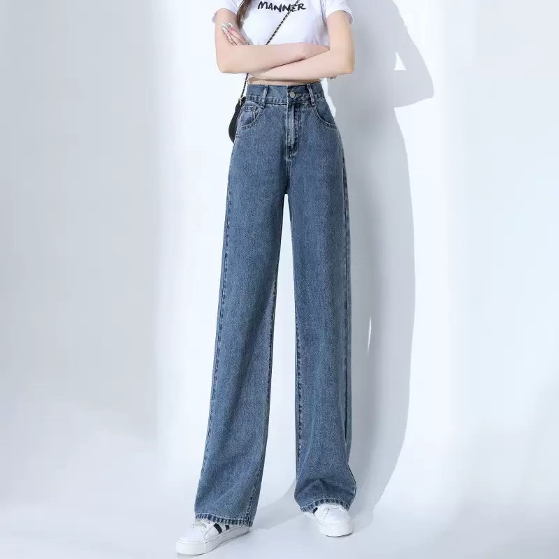 S-5XLกางเกงยีนส์ขายาวทรงกระบอก เอวสูง สีพื้น นื้อผ้ายีนส์ไม่ยืด - รูปที่ 2