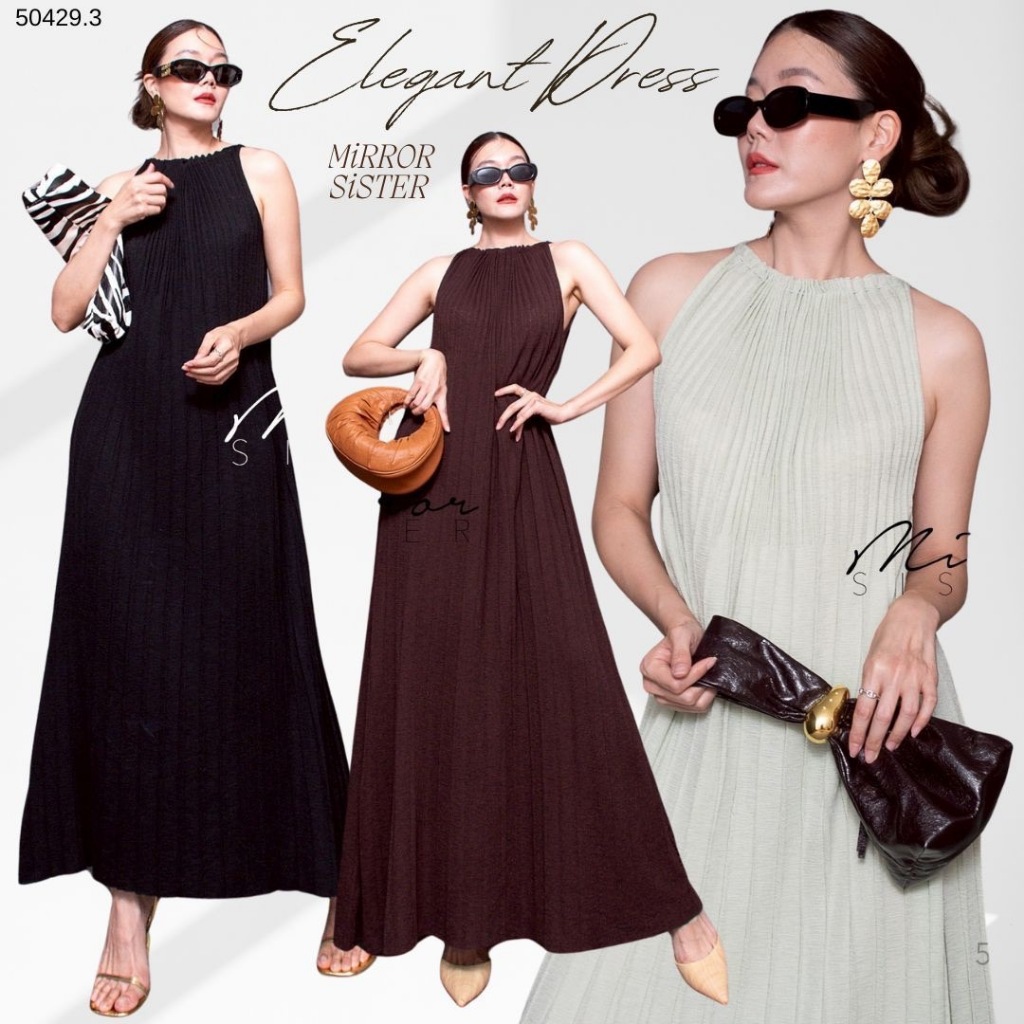 🔖Mirrorsister 50429.3 เดรสแขนกุด ไหมพรมทอสวย ช่วงคอจีบจีบยืดได้ ช่วงตัวแต่งอัดพลีทเก๋ ทรงสวยใส่ง่าย 