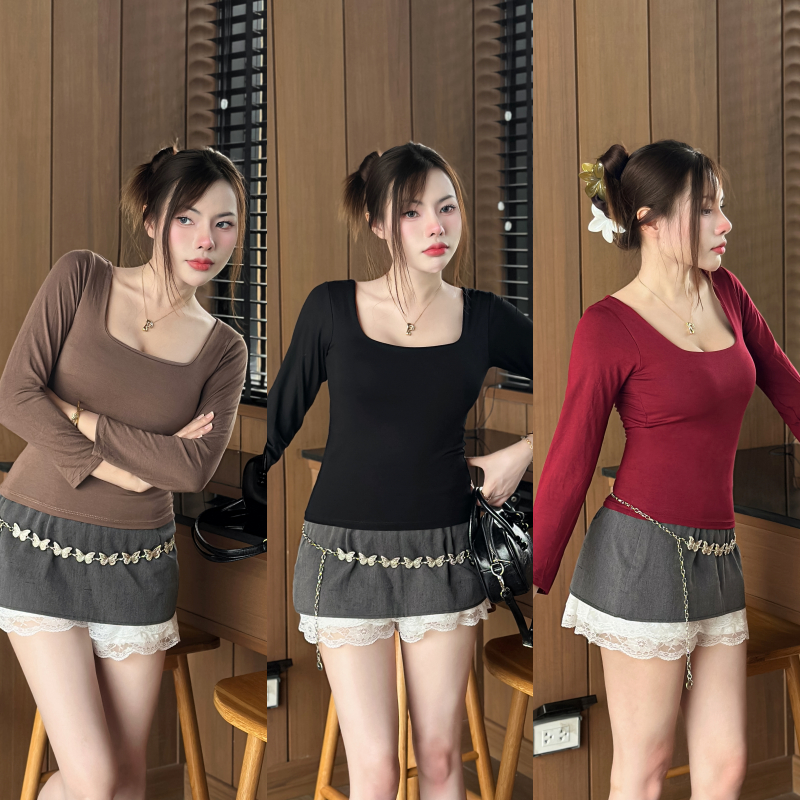 เสื้อยืดแขนยาว ทรงคอเหลี่ยม ผ้าเรย่อนแต่งด้านบน 2 ชั้น ใส่แล้วลุคคุณหนูสุด สาวอวบใส่ได้ รุ่น SQ1