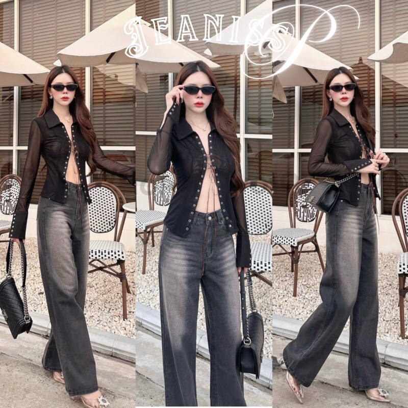 JEANISS.P♡ กางเกงยีนส์ขายาว สีดำฟอกไล่สี ทรงกระบอก เรียบหรู •WOW 1307•