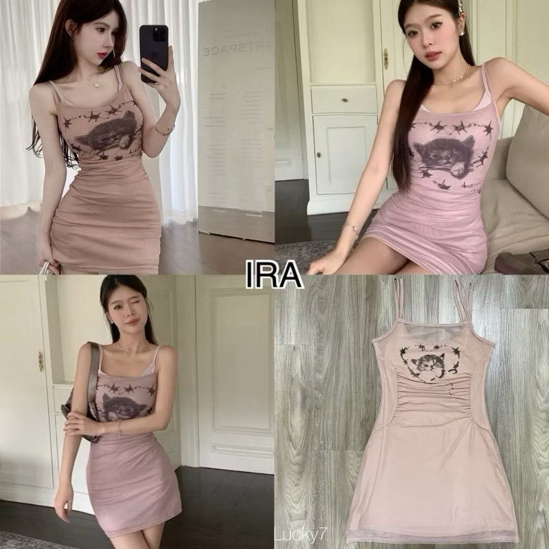 BY IRA Ruby Top & Ruby Dress สายเดี่ยว มินิเดรส ลายแมว ทรงรัดรูป สีชมพู น่ารัก สไตล์เกาหลี รีบตำกันเลยจ้าาาา