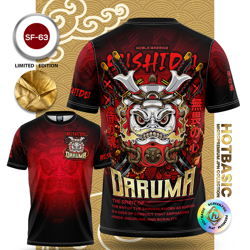 เสื้อยืดลาย DARUMA BUSHIDO | พิมพ์ลายฟอยล์ทอง | ผ้าไมโครแห้งไว ใส่สบาย สตรีทแฟชั่น JPN [SF63]