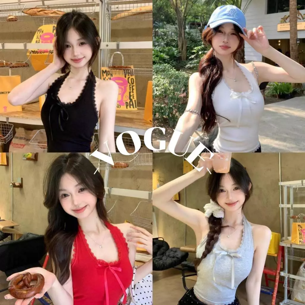 Vogue🌟พร้อมส่ง🌟 เสื้อคล้องคอ เว้าหลัง มีฟองน้ำในตัว สีสดใสใส่สบาย (FY10100)