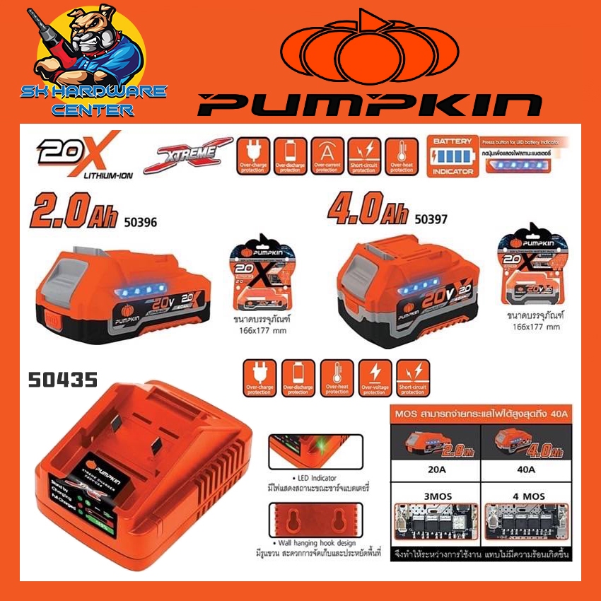 PUMPKIN อะไหล่แบตเตอรี่ 20V 2 - 5Ah. และ แท่นชาร์จ 20V 2.4 A รุ่น 20X LITHIUM-ION (รับประกัน 1ปี)