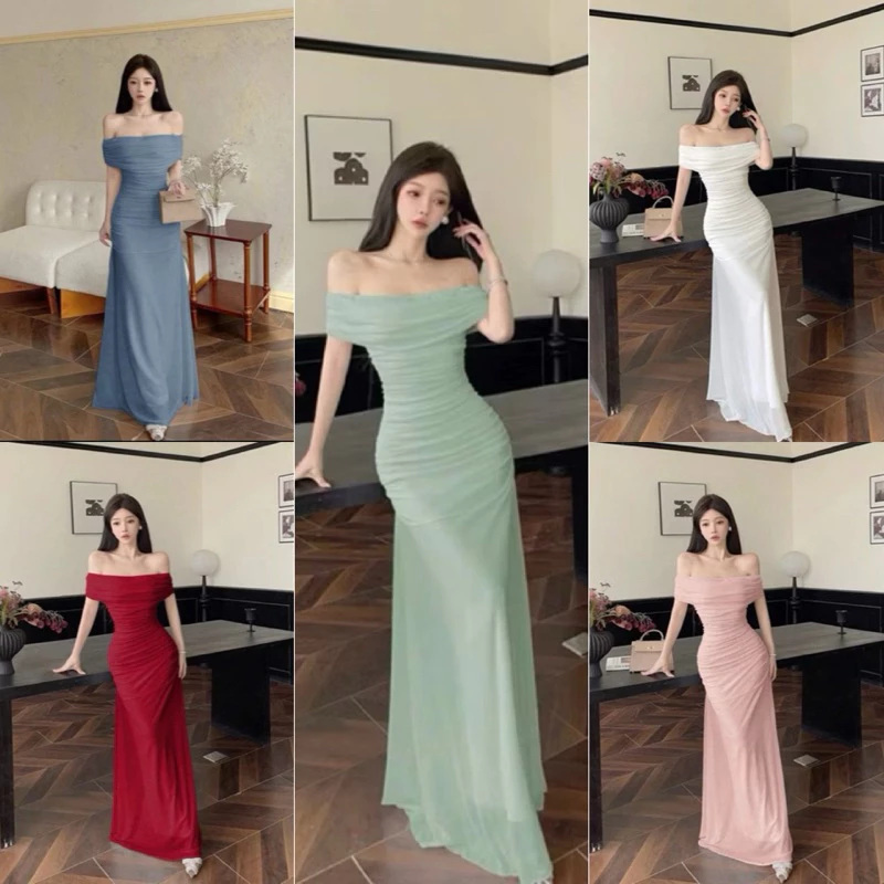 𝐌𝐀𝐘𝐔 พร้อมส่ง👑✨ เดรสยาวปาดไหล่เรียบหรูดูไฮมีซับในทั้งตัว(มีไซส์ S-XL)