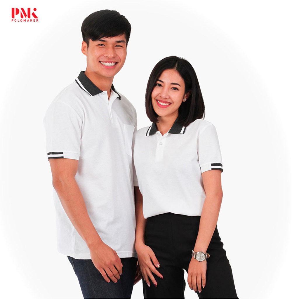 PMK - Kaneko PC096 สีขาว - เสื้อโปโล ปกขลิบดำ ไม่ยับ อยู่ทรง