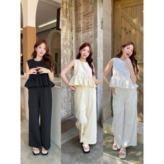 Vanila เซ็ต2ชิ้น ผ้าครัชตัวเสื้อแต่งระบายแขนกุดมินิมอลมาก มา…