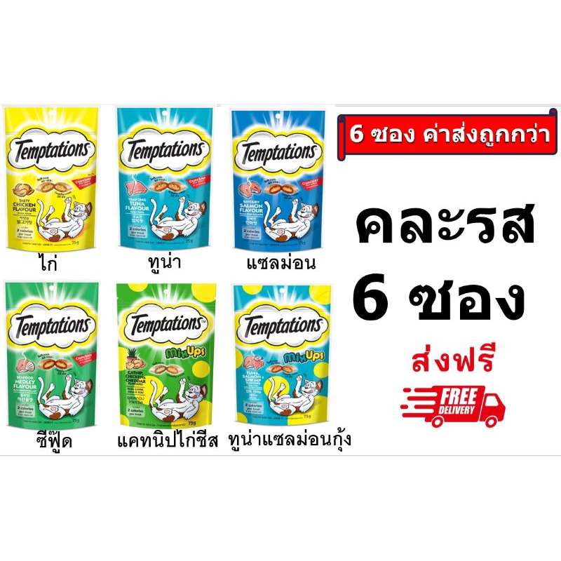 Temptation เทมเทชันส์ 75 กรัม คละ 6 รส (ไก่,ทูน่า,ซีฟู้ด,แซลม่อน,แคทนิบไก่ชีส,ทูน่าแซลมอนกุ้ง) รวม 6 ซอง