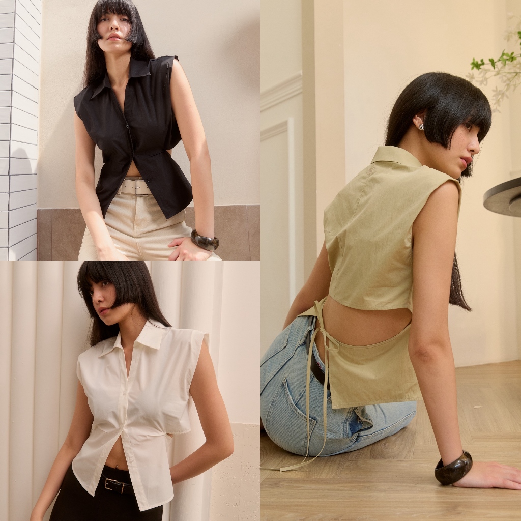 Chabel - Cut-Out Back Bow Shirt เสื้อเชิ้ดแขนกุดผูกโบว์ด้านหลัง
