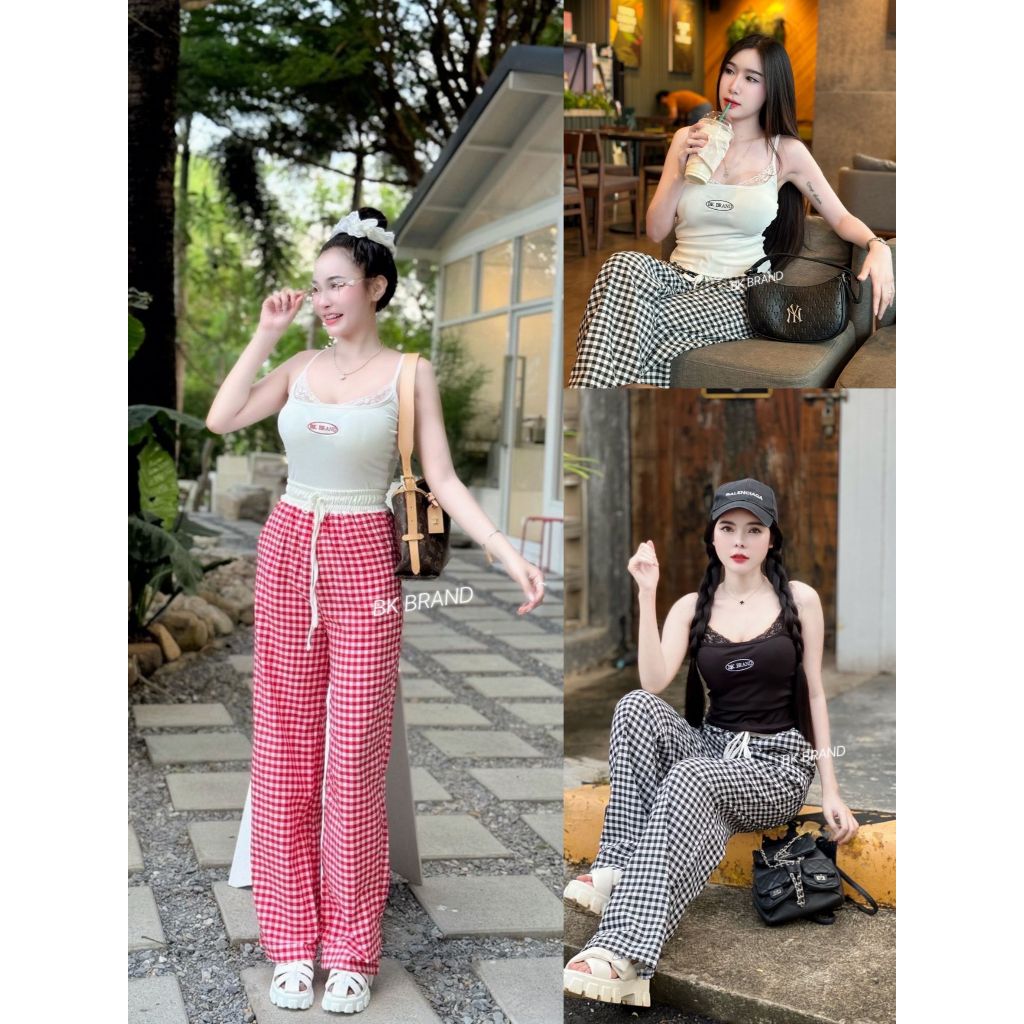 【BK BRAND】 BK 37054 เซตสายเดี่ยวปัก BK BRAND แต่งลูกไม้กางเกงขายาวมีกระเป๋า 2 ข้างลายสก้อตสุดยอดฮิต