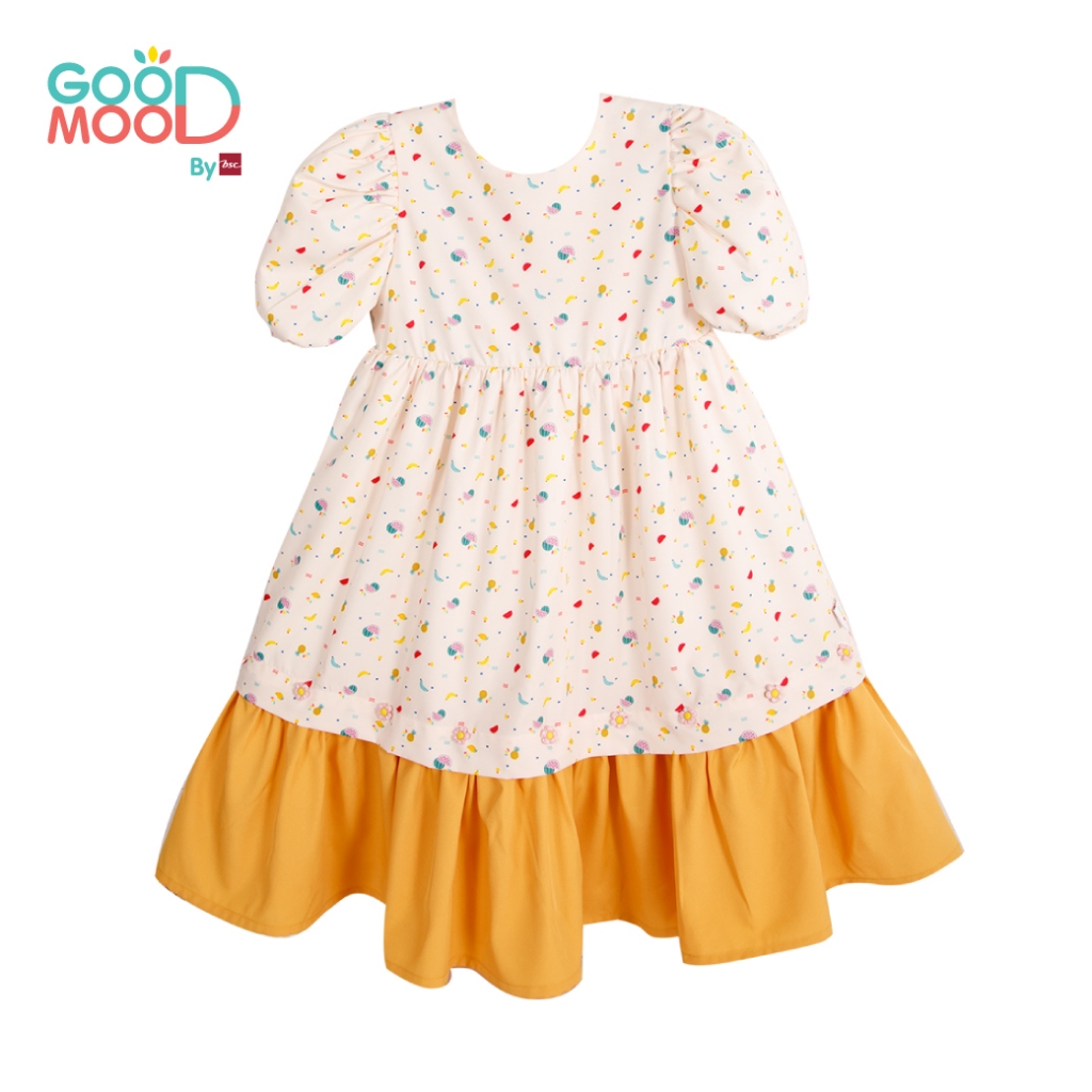 Good Mood by bsc ชุดกระโปรง สีครีม พิมพ์ลายผลไม้+ชายกระโปรง สีเหลือง สำหรับเด็กอายุ 2-3 ปี ผ้าไหมอิตาลี่