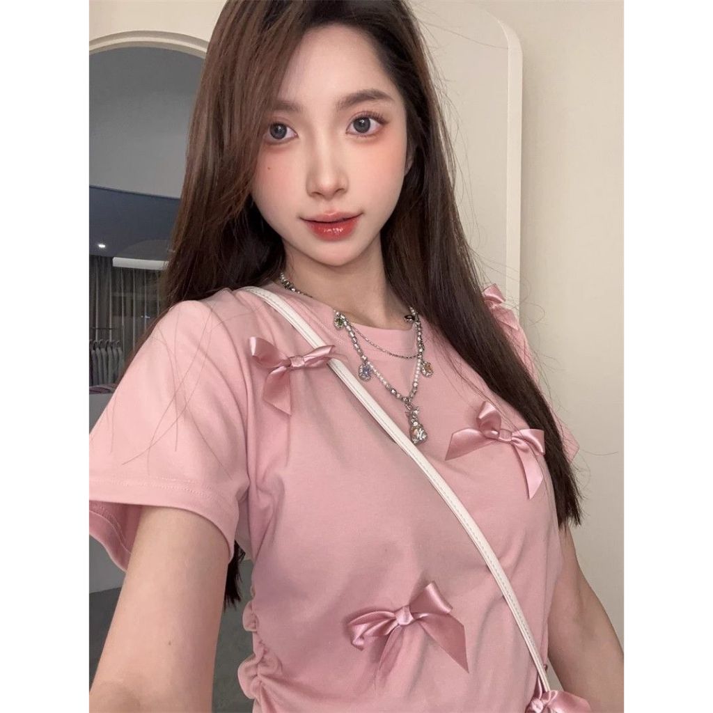เสื้อยืดผู้หญิง แขนสั้นผูกโบว์ คอกลม ทรงเข้ารูป น่ารัก รูปที่ 5
