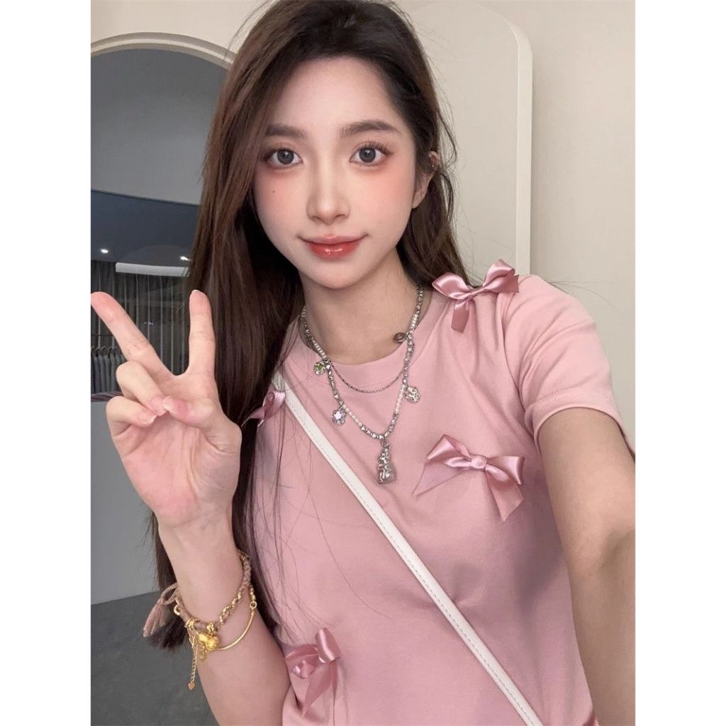 เสื้อยืดผู้หญิง แขนสั้นผูกโบว์ คอกลม ทรงเข้ารูป น่ารัก รูปที่ 4