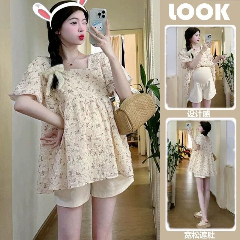 💏เสื้อผ้าคนท้องแฟชั่น🍑เสื้อแขนสั้นฟูฟ่องลายดอกไม้+กางเกงหลวมหน้าท้อง⭐️ชุดคนท้องน่ารัก ใส่สบาย M-2XL