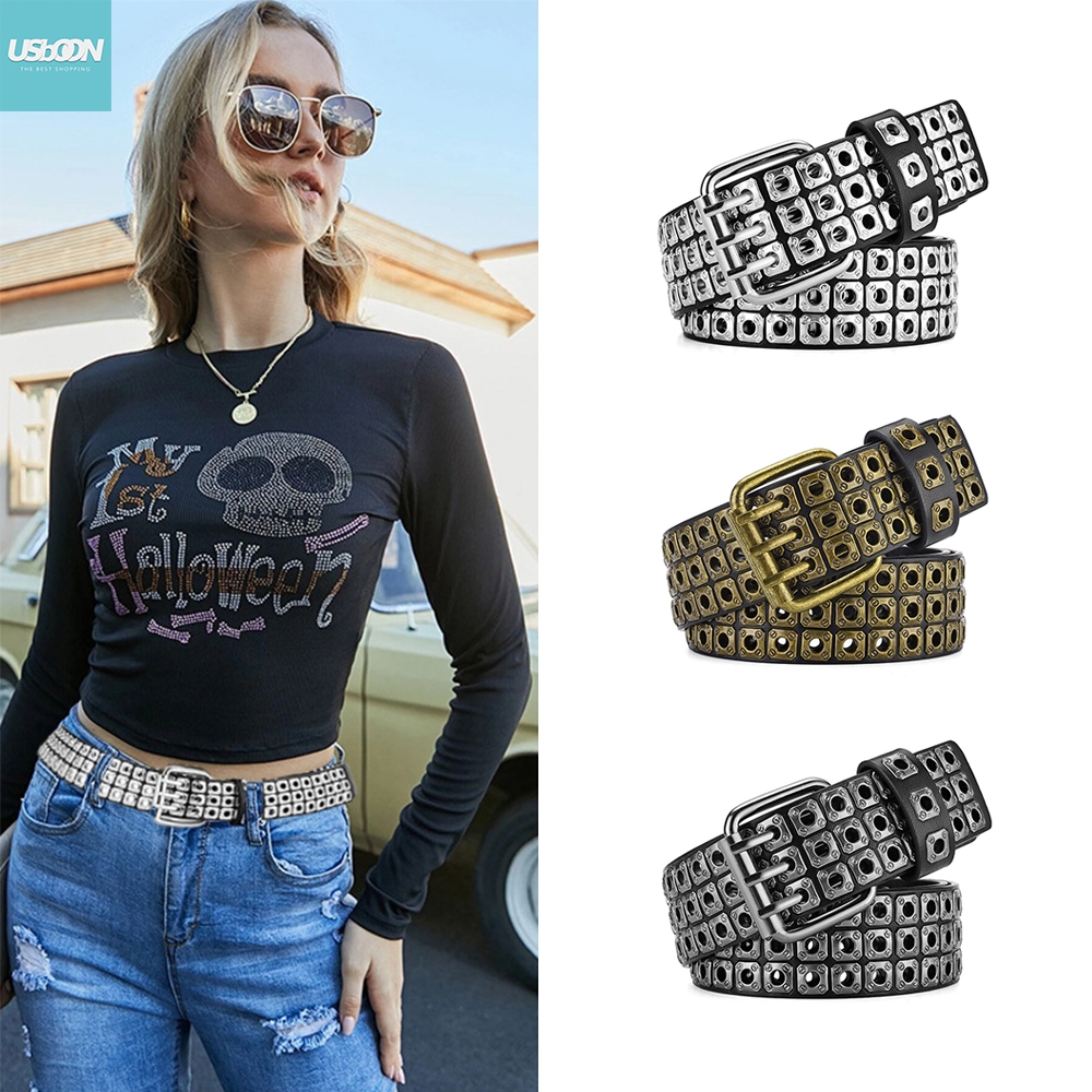เข็มขัดแฟชั่นวินเทจ Punk rock style belt สาย PU สไตล์พังค์ ประดับหมุด