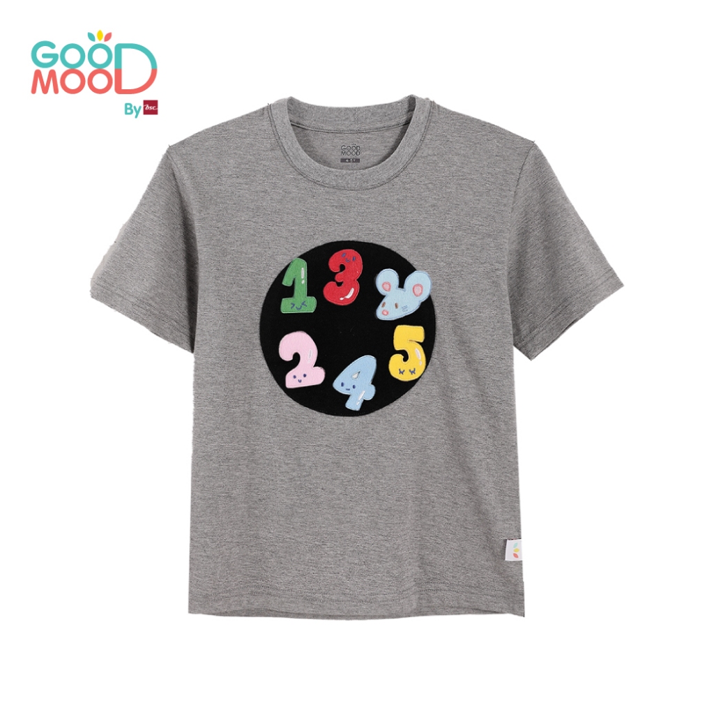 Good Mood by bsc เสื้อยืดคอกลม แขนสั้น สีเทา + PATCHES ลายตัวเลข 6 ชิ้น สำหรับเด็กอายุ 8-9 ปี ผ้าคอตตอน