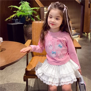 Babyonline(Y527)L2 (ส่งด่วน1วัน)กระโปรงกางเกงแฟชั่นจีบ2ชั้นพลีสแต่งลูกไม้สําหรับเด็กผู้หญิง มีซับใน