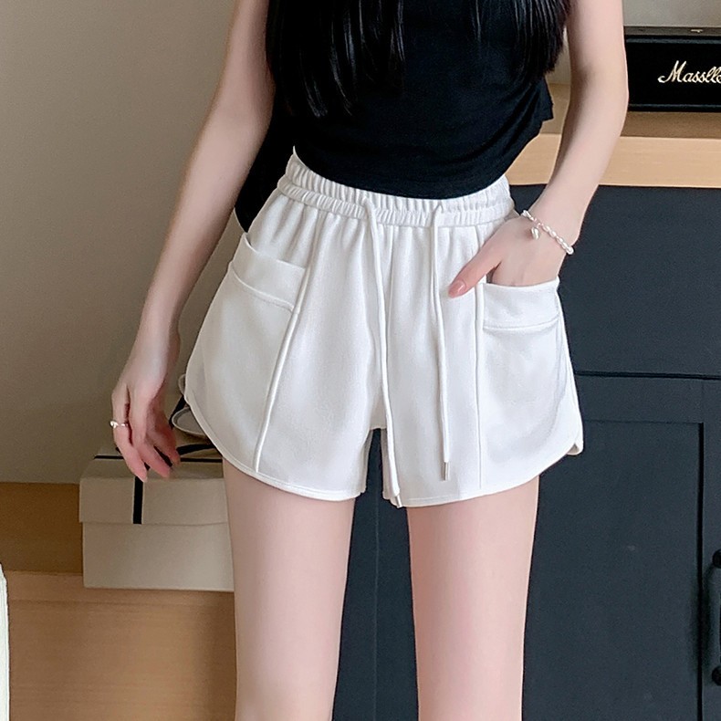 Fancy Fashion กางเกงลำลองใส่สบาย กางเกงขาสั้นลําลองสีขาวเวอร์ชั่นเกาหลีเอวยางยืดมีเชือกผูก - รูปที่ 2