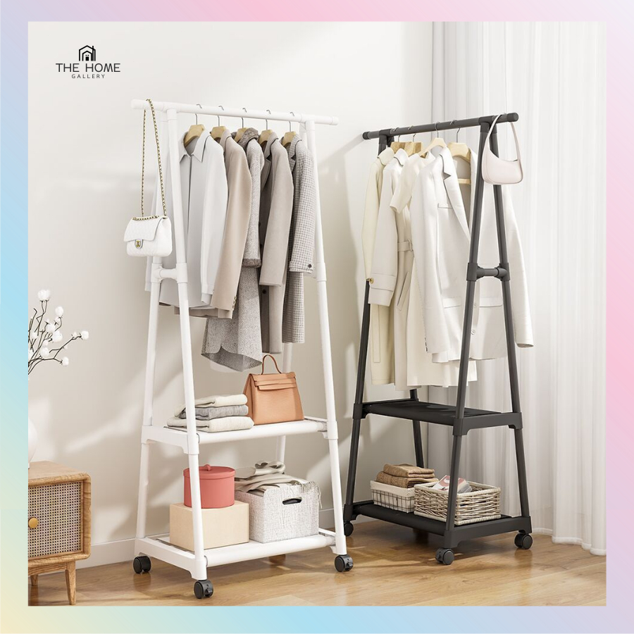 ราวตากผ้า ราวแขวนผ้าทรงสามเหลี่ยม ราวแขวนผ้า+ชั้นวางของ มีล้อ เคลื่อนย้ายได้สะดวก แข็งแรง มี 2 สี