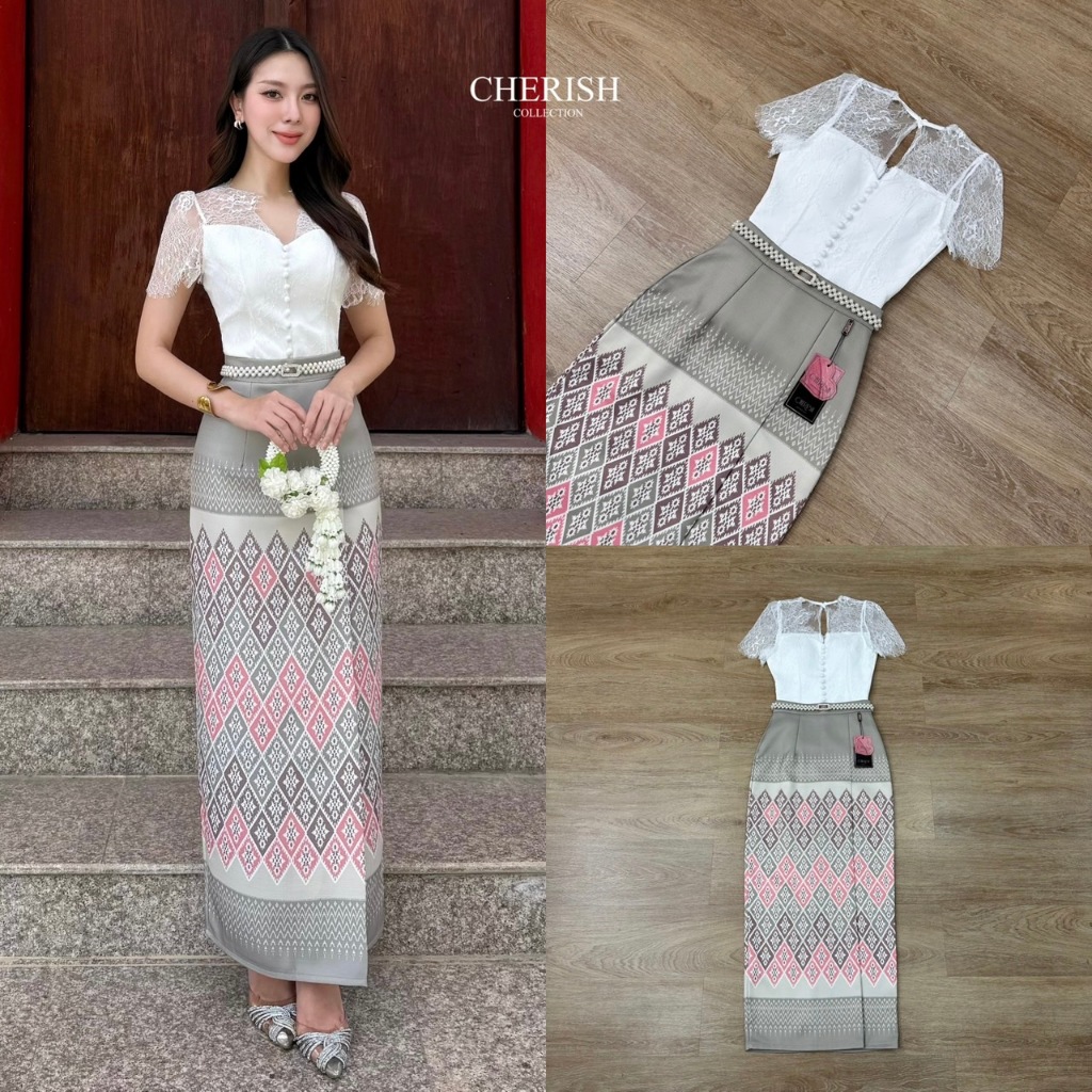 ❣️พร้อมส่ง📌 Cherish ชุดไทย เสื้อ+กระโปรง+เข็มขัดมุก ใส่ออกงาน งานบุญ งานบวช แฟนนาค