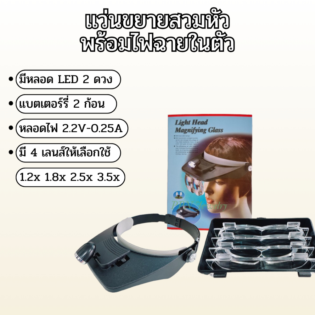 แว่นขยายสวมหัว มีไฟฉายในตัว แถมเลนส์ขยาย 4 ขนาด