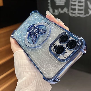 เคสโทรศัพท์ ผีเสื้อส่องแสง เคส พร้อมขาตั้งแม่เหล็ก For iphone 16 15 14 11 13 12 7 8 plus Pro max Pro XR XS เคสไอโฟนสวยๆ