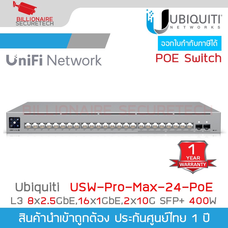 UBIQUITI USW-Pro-Max-24-PoE 24-Port Layer 3 POE Switch 2.5 GbE and PoE++ 400W, + 2 Ports 10G SFP+ BY