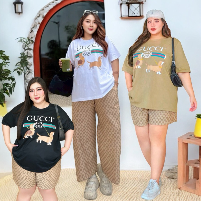เซ็ืทเสื้อยืด สกรีนลายน้องหมา + กางเกงผ้าทอลาย ขาสั้น หรือ ขายาว 40"-60" (กรุณาอ่านไซส์ในรายละเอียดก่อนสั่งซื้อ)