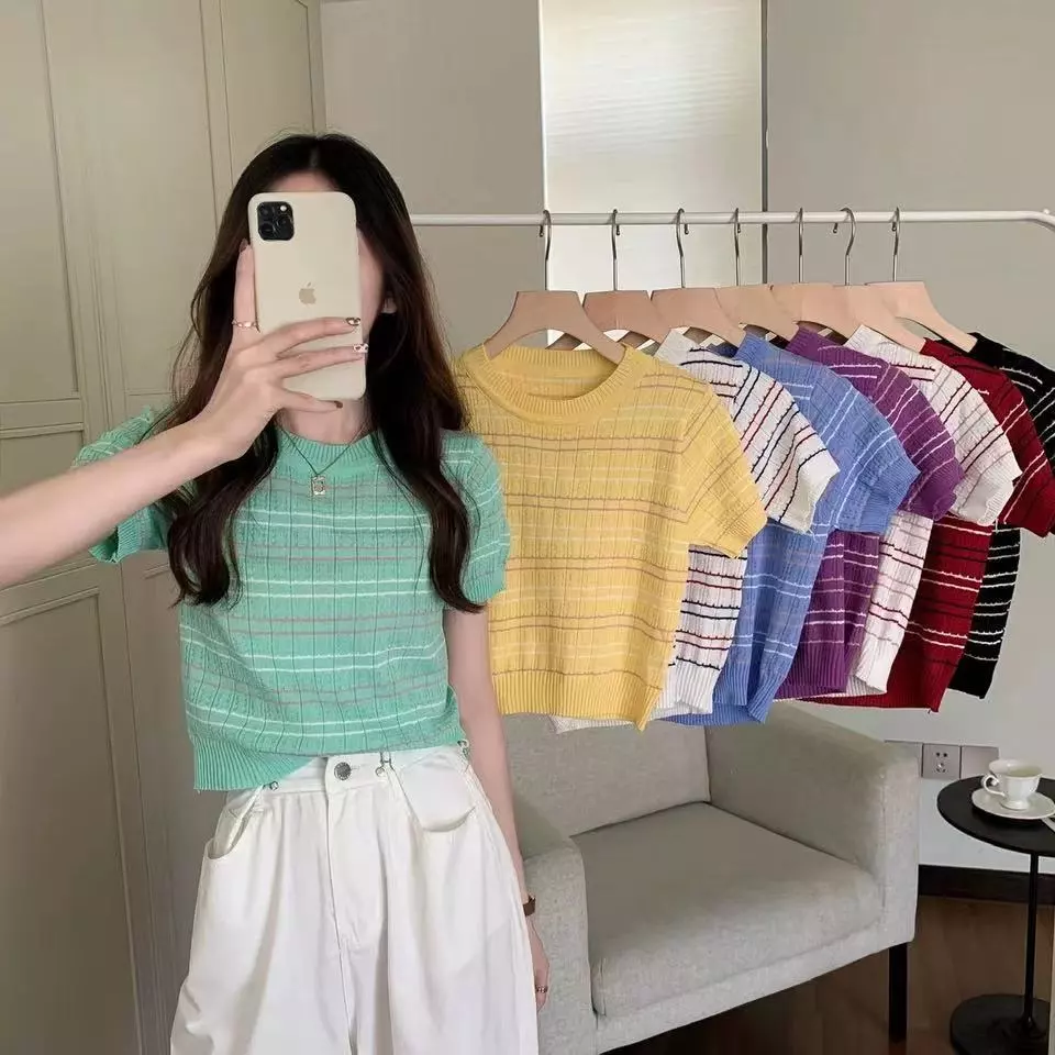 💕*Miki-Shop😍พร้อมส่ง*เสื้อยืดไหมพรม* อย่างดี แขนสั้น* ลายทางน่ารักมาก0605D*