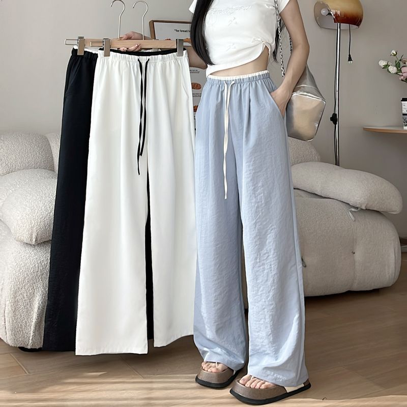 กางเกงขากว้างผ้าไหมน้ำแข็งสีตัดกันสำหรับผู้หญิงฤดูร้อนบาง 2026 กางเกงขายาวทรงตรงเอวสูงเนื้อหลวมใหม่