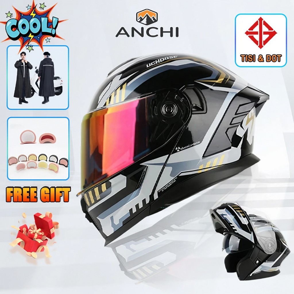 ANCHI หมวกกันน็อคเต็มใบ หมวกกันน็อค ชาย ผู้หญิง moto rcycle helmet ยกคาง สีพื้น แว่น2ชั้น ใหม่ล่าสุด