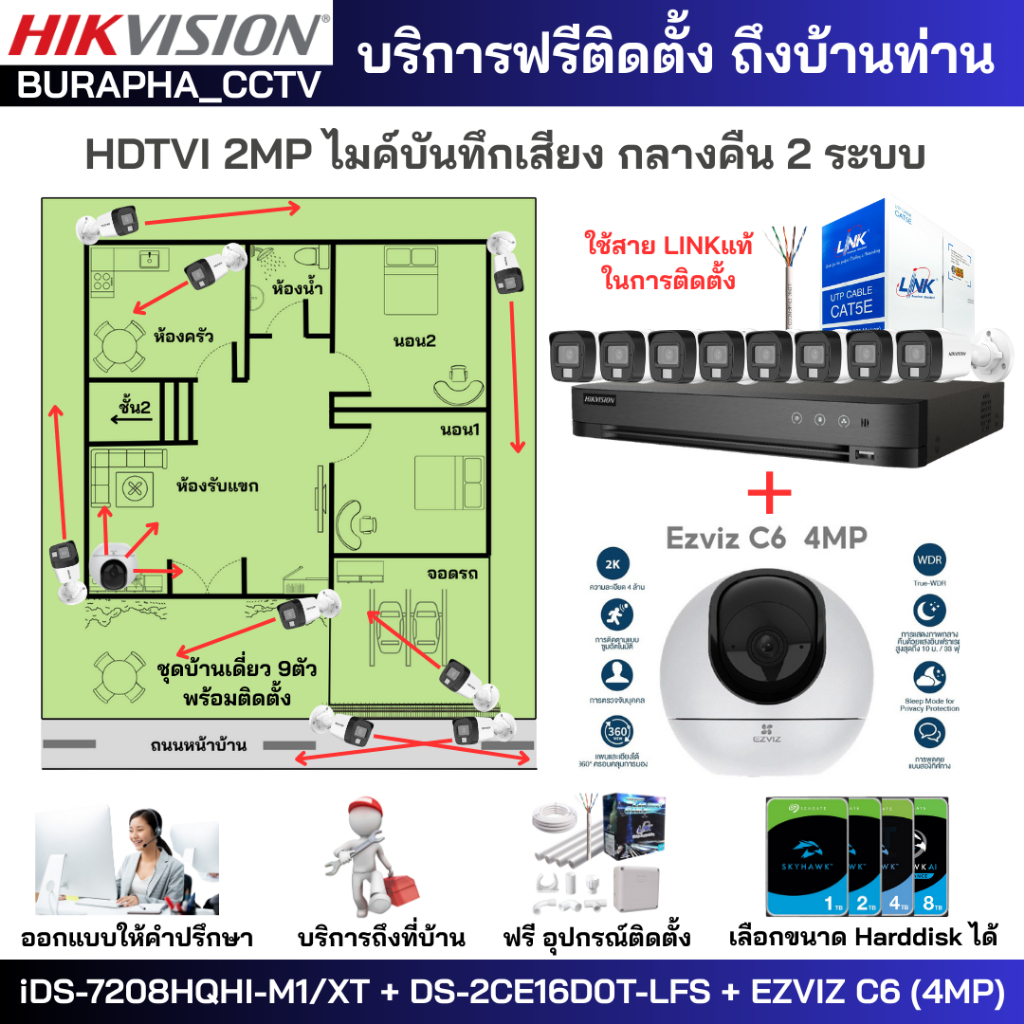 [ฟรีติดตั้ง] ชุด9ตัว HIKVISION 2MP บันทึกเสียง iDS-7208HQHI-M1/XT + DS-2CE16D0T-LFS + EZVIZ C6[4MP]