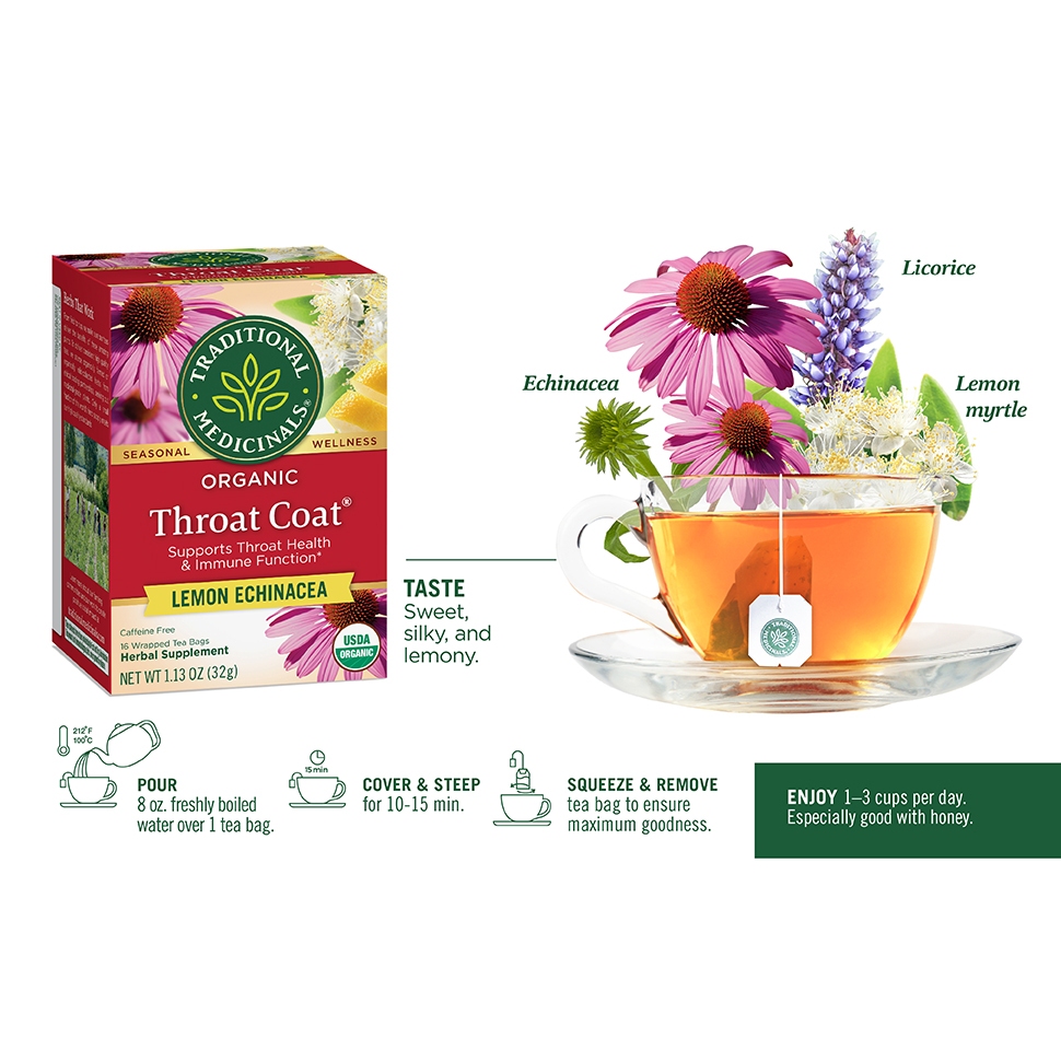 Traditional Medicinals Throat Coat Tea Lemon Echinacea ชาบำรุงลำคอ เสริมภูมิคุ้มกัน 16 ซองชา ชาลิซ่า