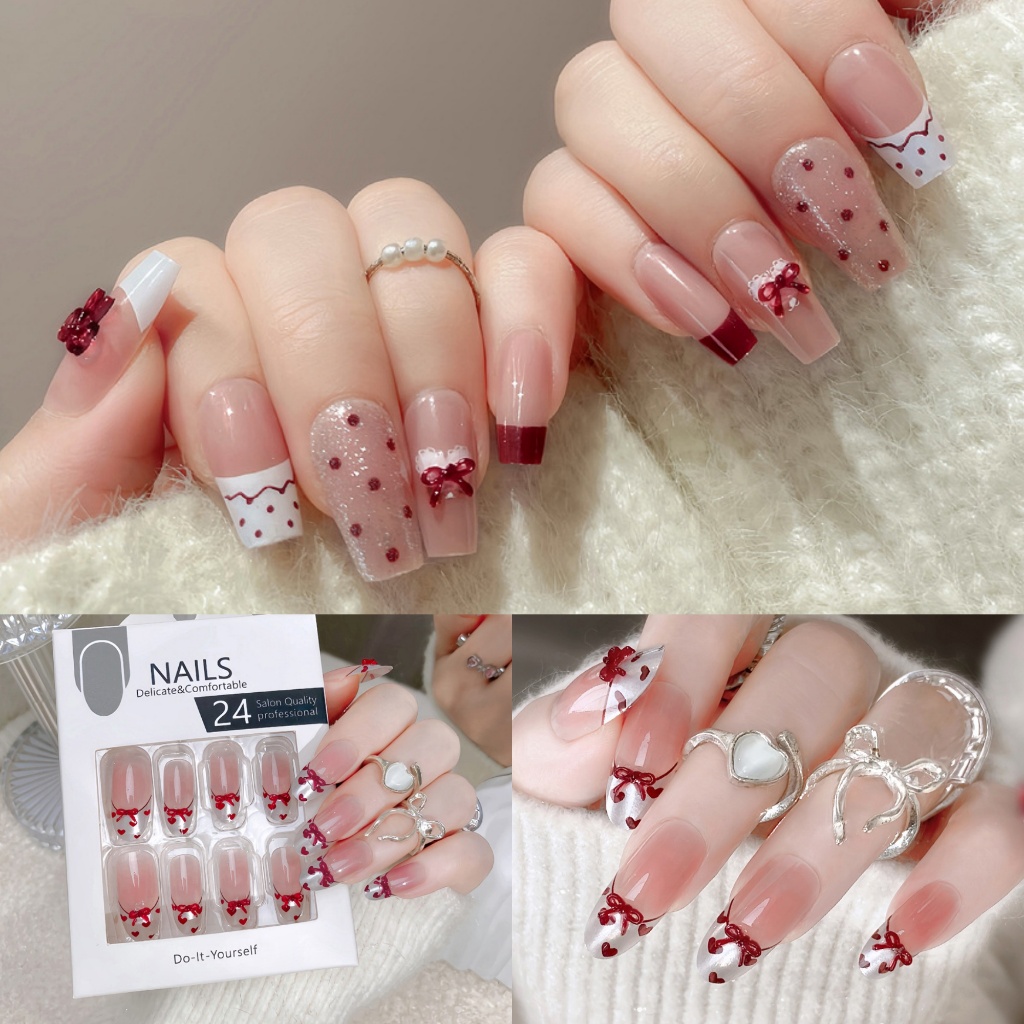Luxnail FN60 พร้อมส่งเล็บปลอมสำเร็จรูปสีขาวตัดแต่งแต่งโบว์น่ารักๆ เล็บปลอมสีแดง งานฟรีไซส์24ชิ้นสุดคุ้ม
