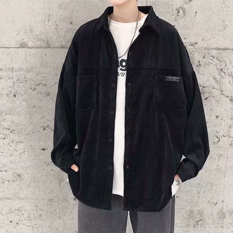 [HERMANZ] เสื้อเชิ้ตคอปกแขนยาว เนื้อผ้าลูกฟูก สีดำ สไตล์เกาหลี