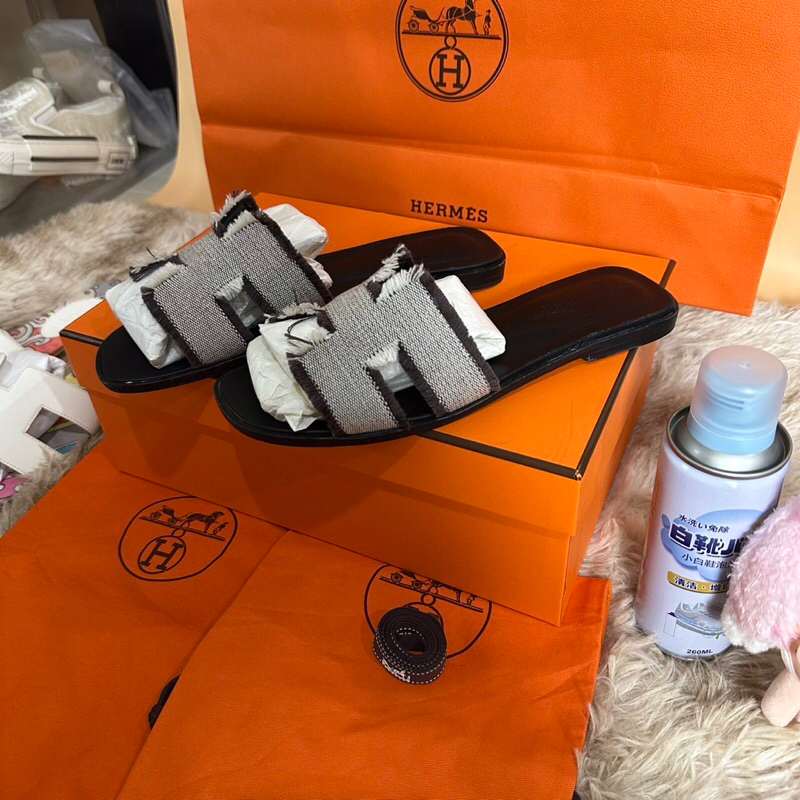 ❤️🙏🏻Used Like New HERMES Fringed H Canvas Oran Sandals Size 39 เหมาะเท้า24Cm
