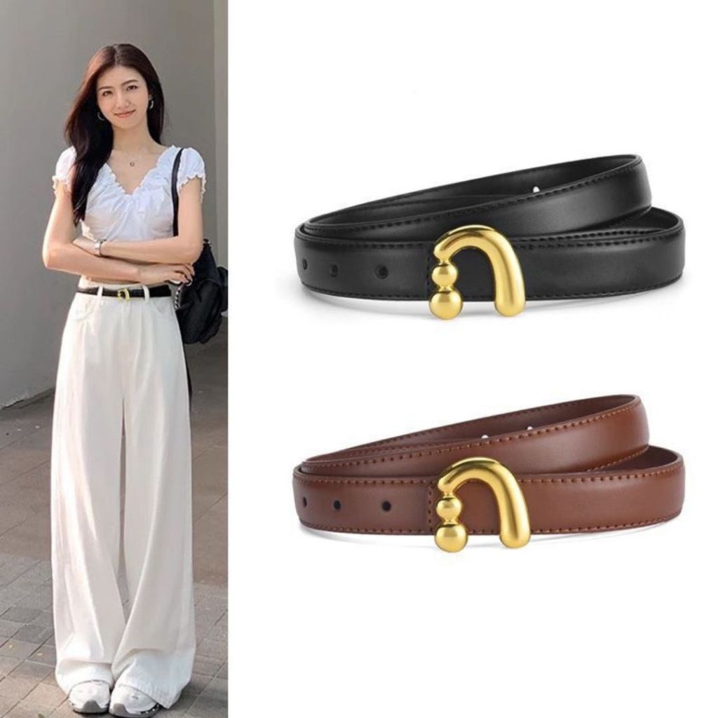 BELT🌻เข็มขัดแฟชั่นเกาหลี สไตล์วินเทจส หัวเข็มขัดโลหะสีทอง เข็มขัด PU เส้นเล็ก เครื่องประดับแฟชั่นผู้หญิง🌻