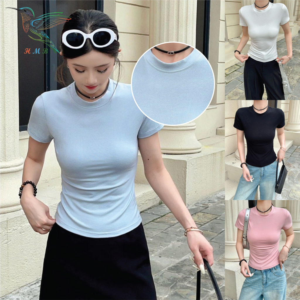 HMB® เสื้อยืดผู้หญิง คอกลม แขนสั้น M-2XL ผ้าคอตตอนผสมสเปนเด็กช์ เนื้อผ้านิ่ม สไตล์มินิมอล t321#