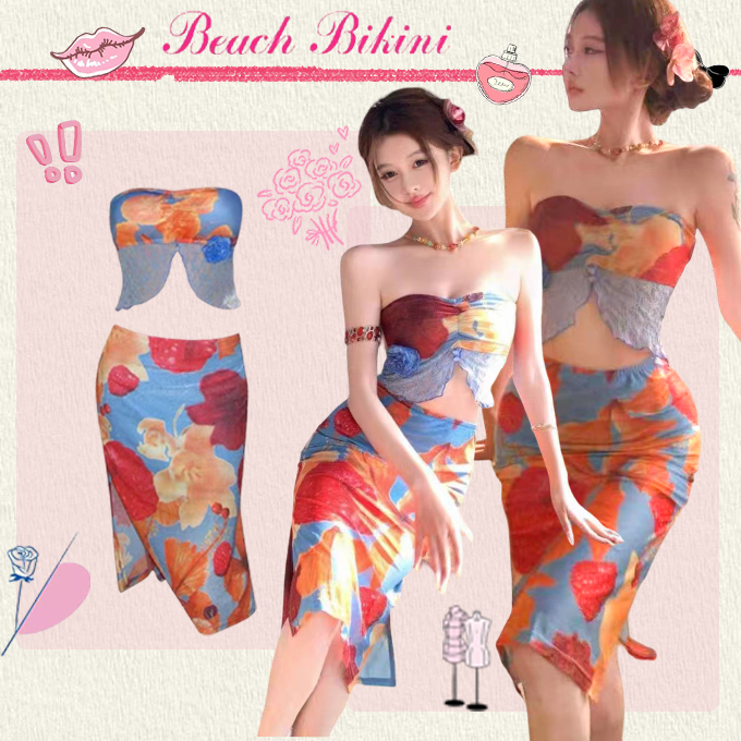 🌸Beach Bikini🌸mermaid bikini บิกีนี่3ชิ้น ชุดว่ายน้ํา ชุดกระโปรงยาวพิมพ์ลายผลไม้เซ็กซี่รับซัมเมอร์