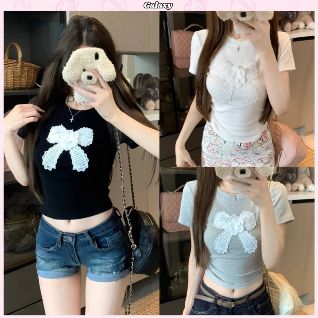 เสื้อยืด เสื้อคลอป หวานมาก เเต่งโบว์ ทรงเข้าตัว ผ้าใส่สบาย #020309