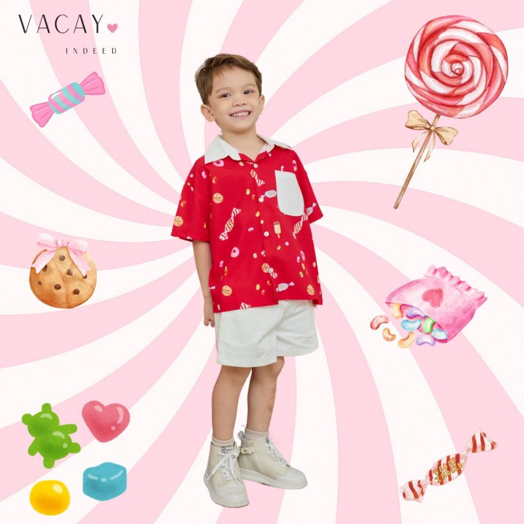 VACAY INDEED | Mini Diddy Shirt ลาย Candy Shop เสื้อเชิ๊ตเด็กผู้ชาย มีกระเป๋า / พร้อมส่ง