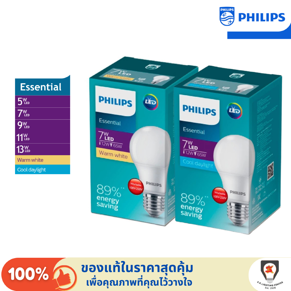 Philips กล่องเขียวเข้ม หลอดประหยัดไฟ LED รุ่น ESSENTIAL ขั้ว E27 5W/7W/9W/11W/13W แสงเหลือง/แสงขาว