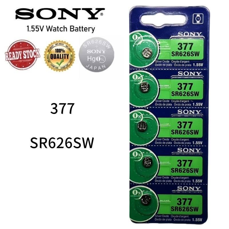 ถ่านกระดุม SONY SR626SW 377 377A LR626 ของแท้ 1.55V 0% mercury ถ่าน จำหน่ายแผงละ (1 แพ็ค 5 ก้อน )