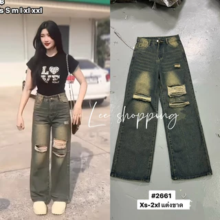 ให่มล่าสุด กางเกงยีนส์ทรงกระบอกแต่งขาดเซอ เอวสูง ผ้าดีมากโทนสนิมป้ายvintage