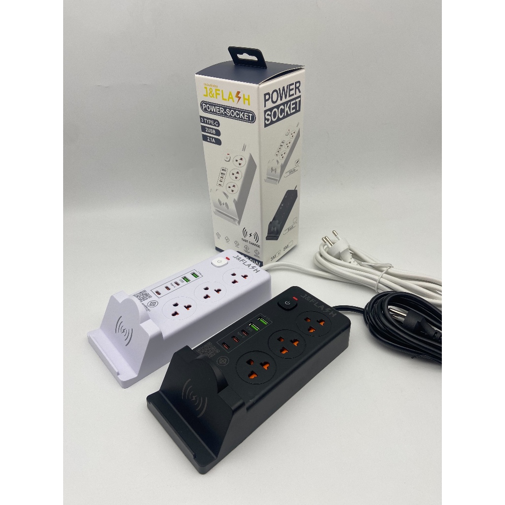 J&Flash ปลั๊กไฟ เต้าเสียบม่านนิรภัย มาตรฐาน มอก. 3 Type C / 2 USB มีแท่นชาร์จโทรศัพท์ ยาว 3 เมตร รุ่