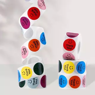 สติกเกอร์รูปยิ้มหลายสี สติกเกอร์ Thank you มินิมอล 1 ม้วน 500 ดวง พร้อมส่ง สติกเกอร์ ติดเเก้วน้ำ