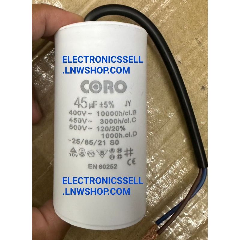 45UF450V คาปาซิเตอร์ 45UF 45MFD 450V AC มีสาย ไฟ ยี่ห้อ CORO MKA45 CAPACITOR คอนเดนเซอร์ CONDENSER C
