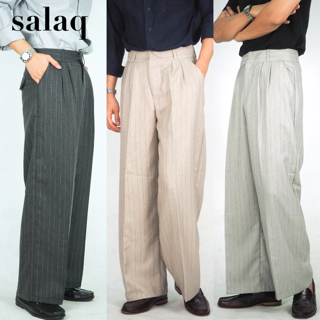 กางเกงขากระบอกใหญ่ BAGGY สีริ้วยาว ผ้าWOOL ญี่ปุ่น เนื้อผ้ายืด ผ้ามีน้ำหนักทิ้งตัว