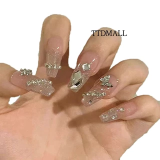 ✨ เล็บปลอม พร้อมส่ง เล็บยาว ทรงแหลมรี 24 ชิ้น สำเร็จรูป กันน้ำ แถมกาว สำหรับติดเล็บ