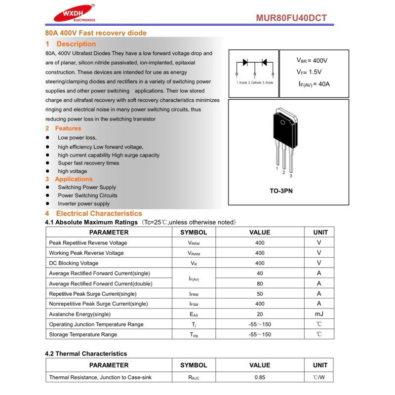 Diode Fast Recovery ตู้เชื่อม ไดโอด MUR80FU40DCT 80A 400V 45nS แท้WXDH ราคา ถูกที่สุด ดีลบีเคเค แกลเลอรีภาพที่ 7